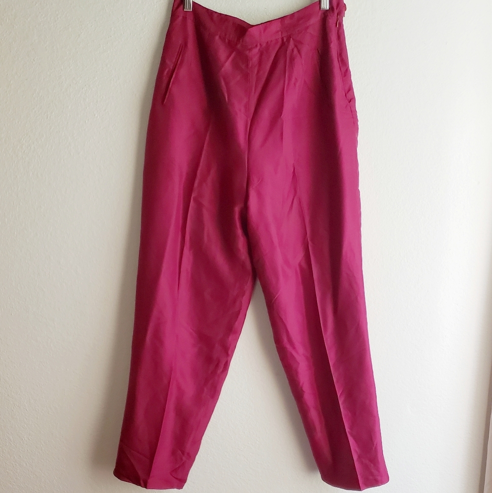 100% Silk Papillon Paris Hot Pink Pant High Rise Trouser Silk Size 12 29 30 31